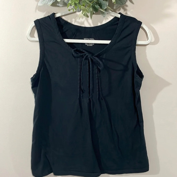 🌸 Merona Black Knit Sleeveless Tank Top Pleats & Tie Accent L - Picture 1 of 7